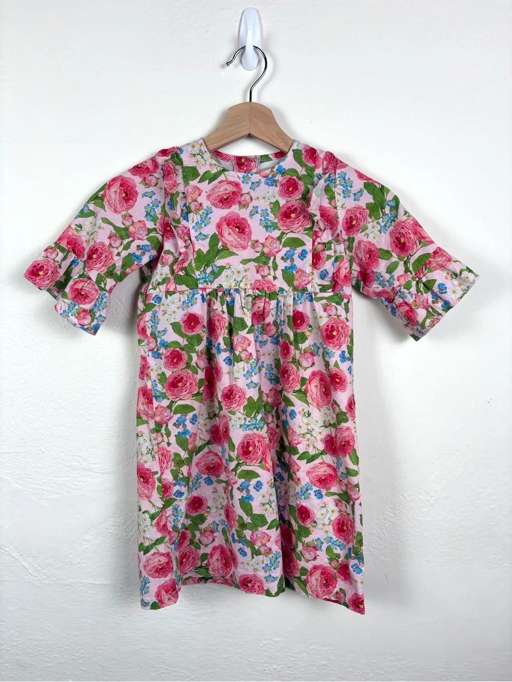 Classic Whimsy Olivia Dress Girls Size 7 Pink Rose Floral Ruffle Sleeve